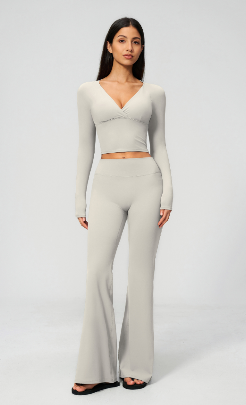 Leah V-Neck Long Sleeve Flare Leggings Workout Set