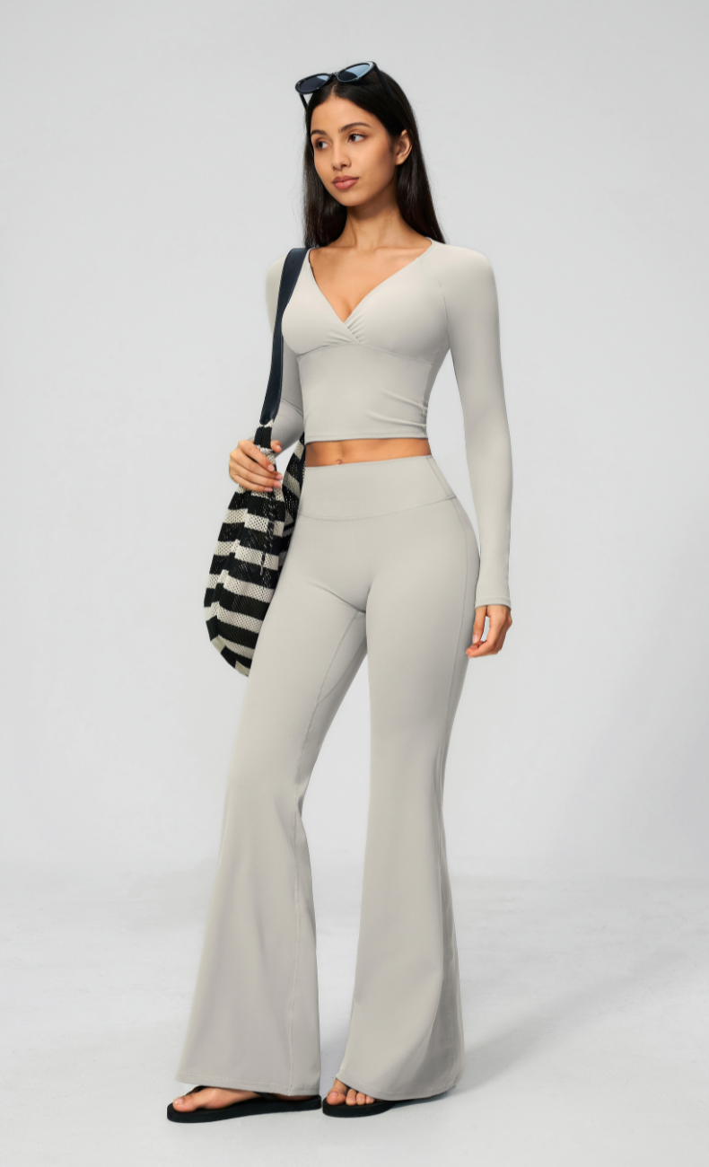 Leah V-Neck Long Sleeve Flare Leggings Workout Set