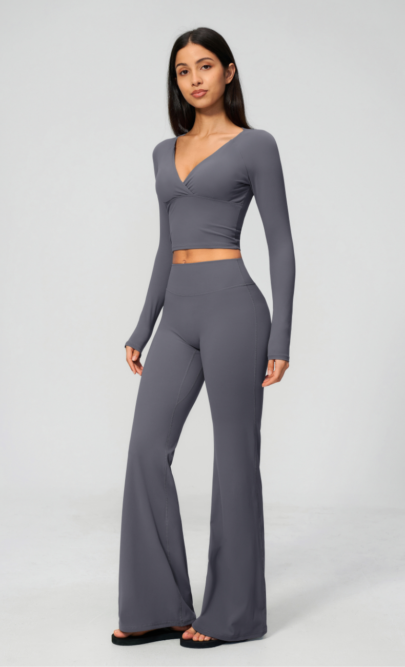 Leah V-Neck Long Sleeve Flare Leggings Workout Set