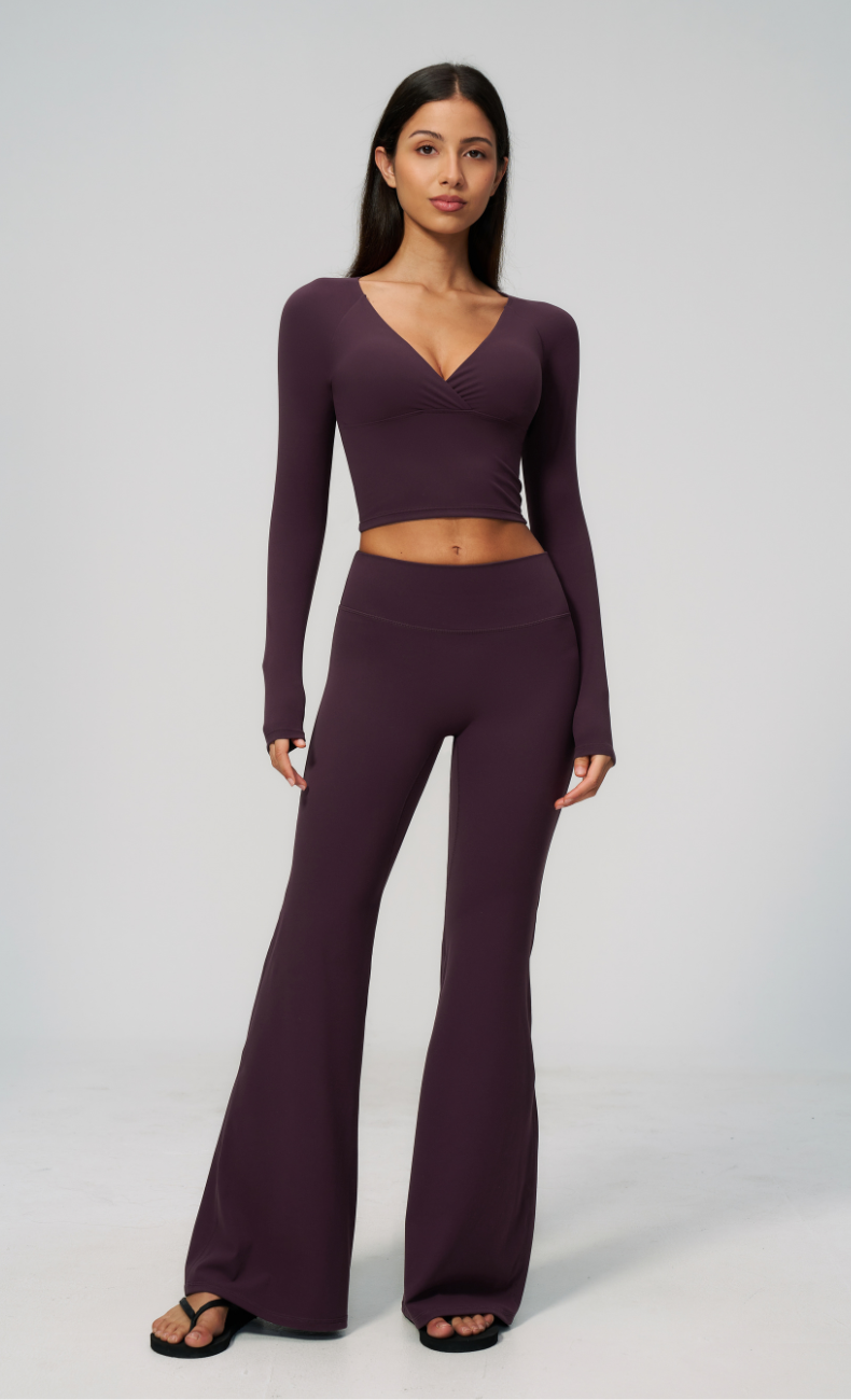 Leah V-Neck Long Sleeve Flare Leggings Workout Set