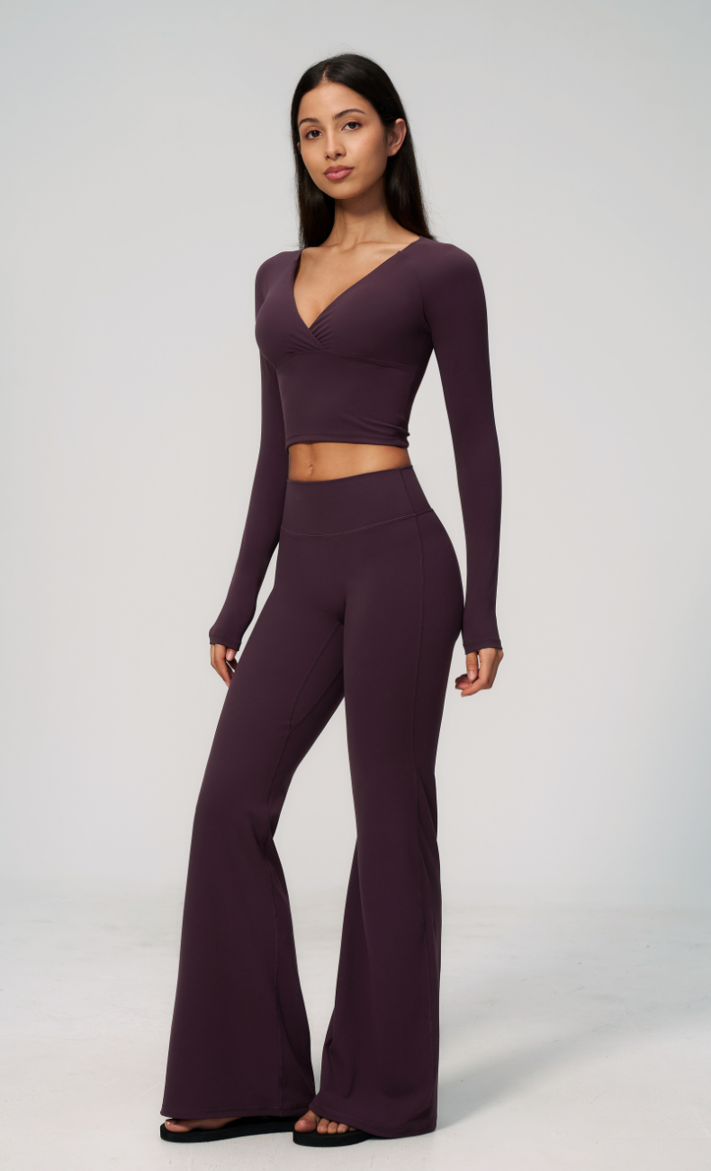 Leah V-Neck Long Sleeve Flare Leggings Workout Set
