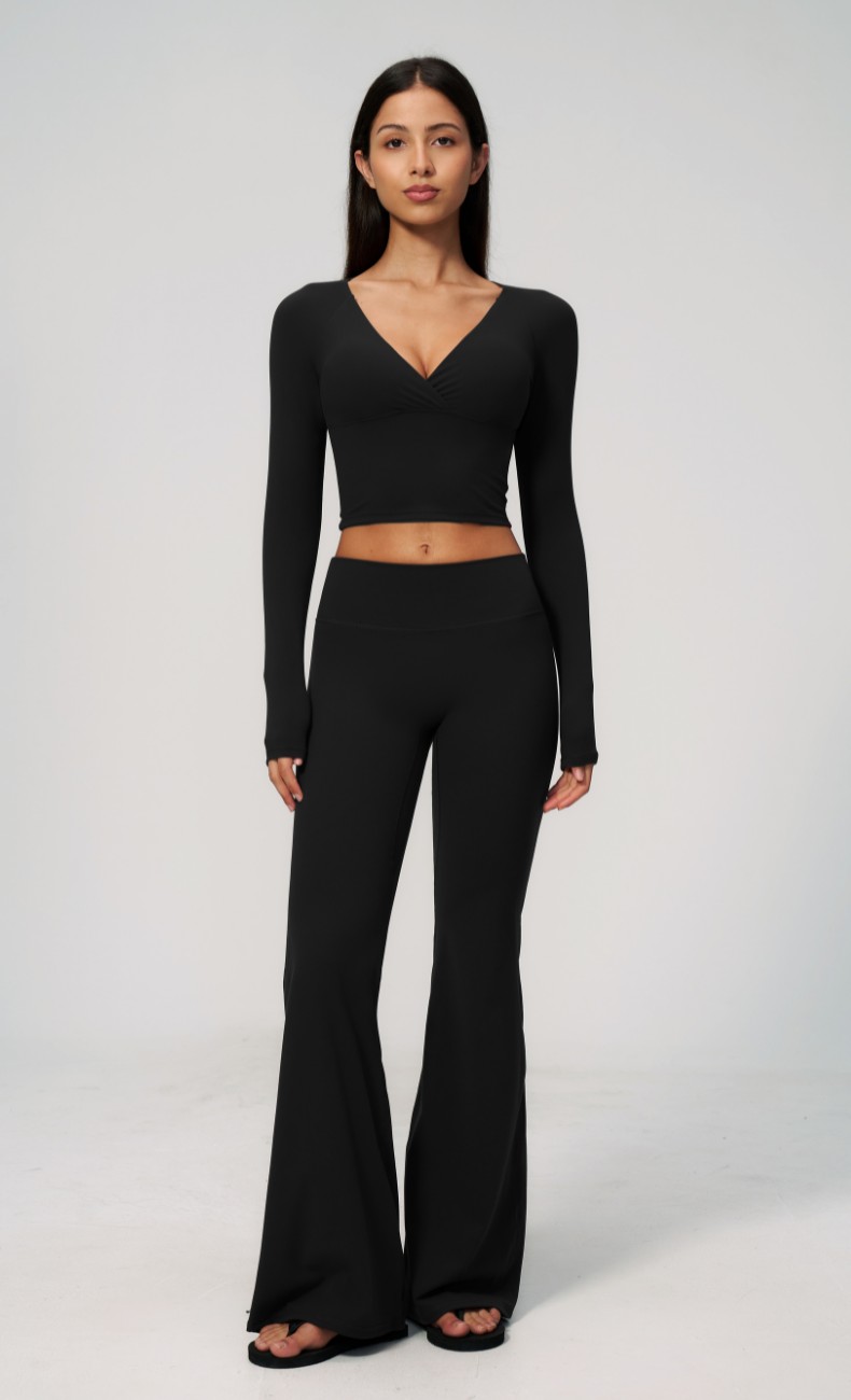 Leah V-Neck Long Sleeve Flare Leggings Workout Set