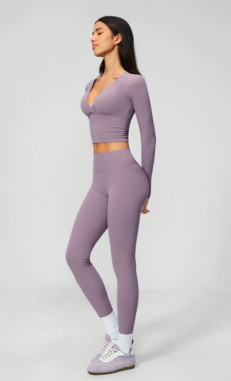 Leah V-Neck Long Sleeve Leggings Workout Set