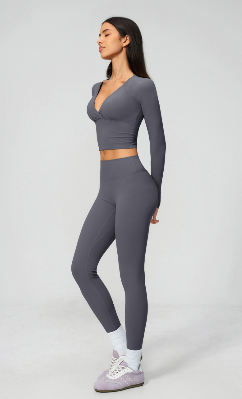 Leah V-Neck Long Sleeve Leggings Workout Set