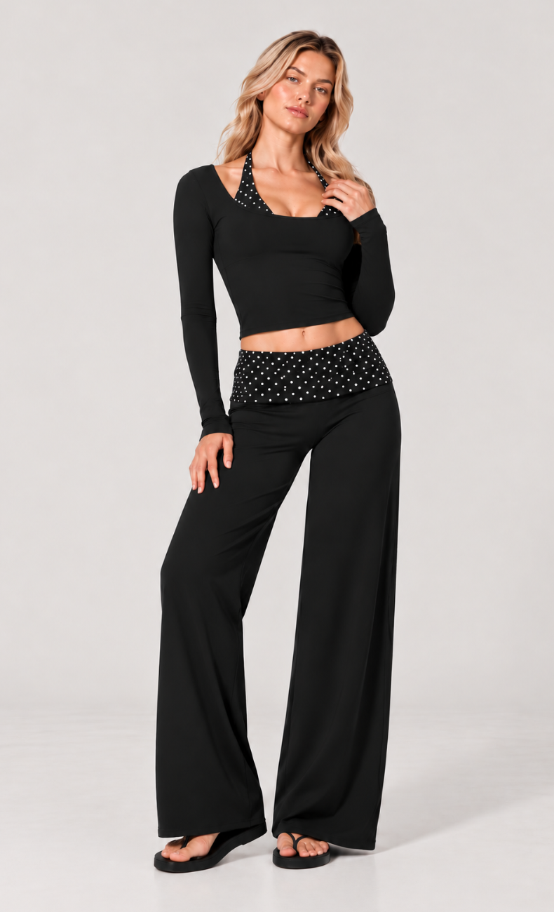 Chloe Polka Dot Long Sleeve Foldover Wide Leg Matching Set