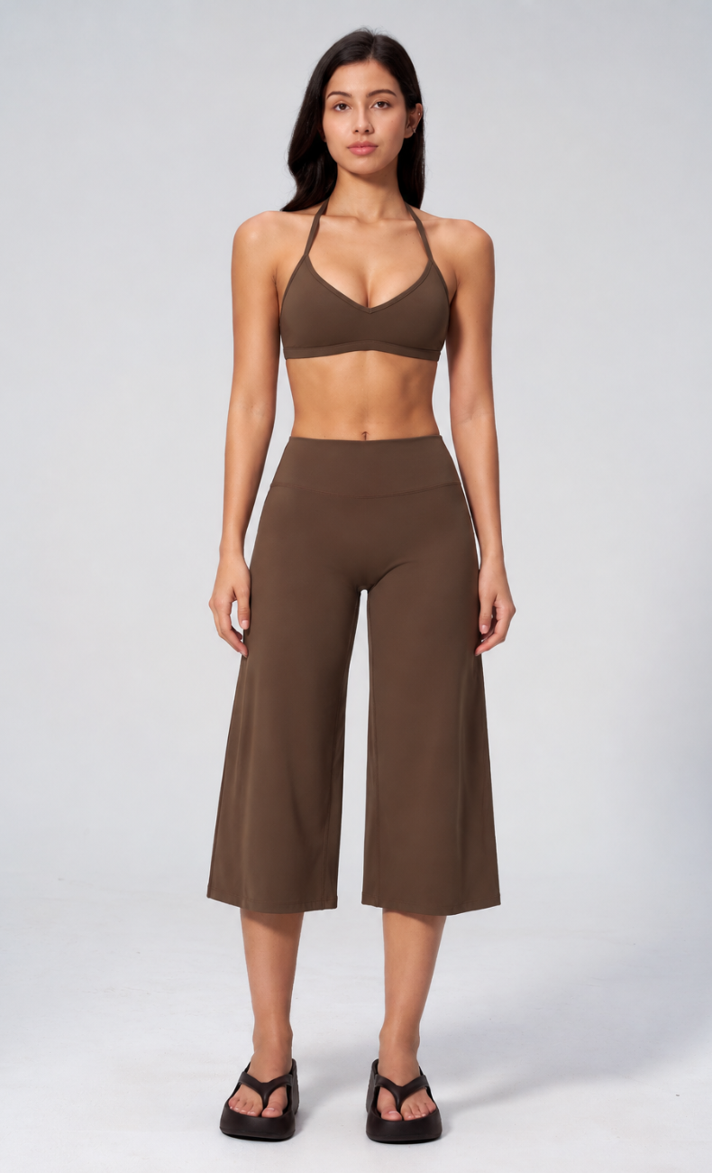 Quinn V-Neck Open Back Halter Wide Leg Capri Workout Set