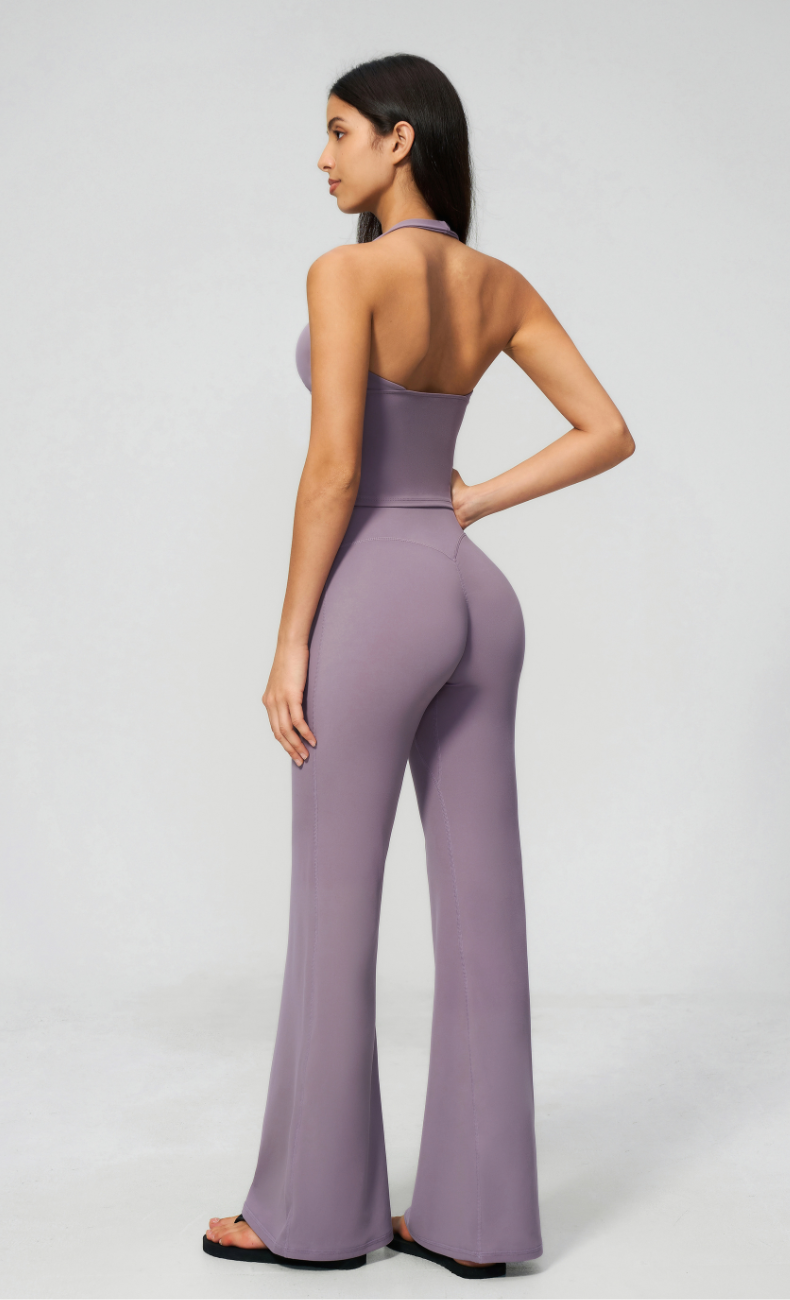 Leah V-Neck Halter Open Back Flare Leggings Workout Set