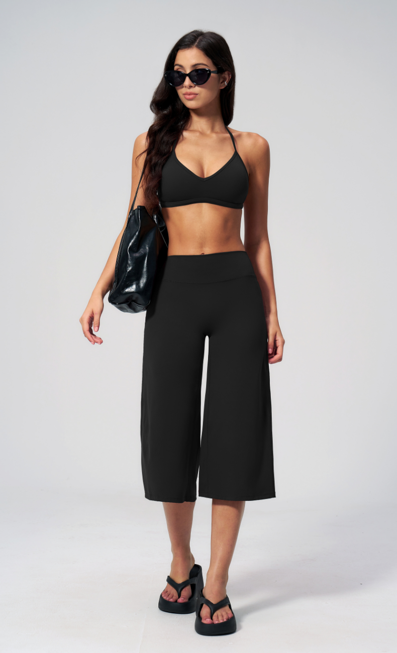 Quinn V-Neck Open Back Halter Wide Leg Capri Workout Set