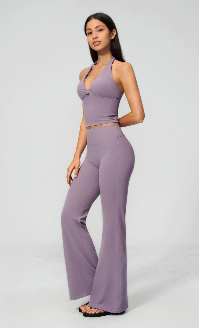 Leah V-Neck Halter Open Back Flare Leggings Workout Set