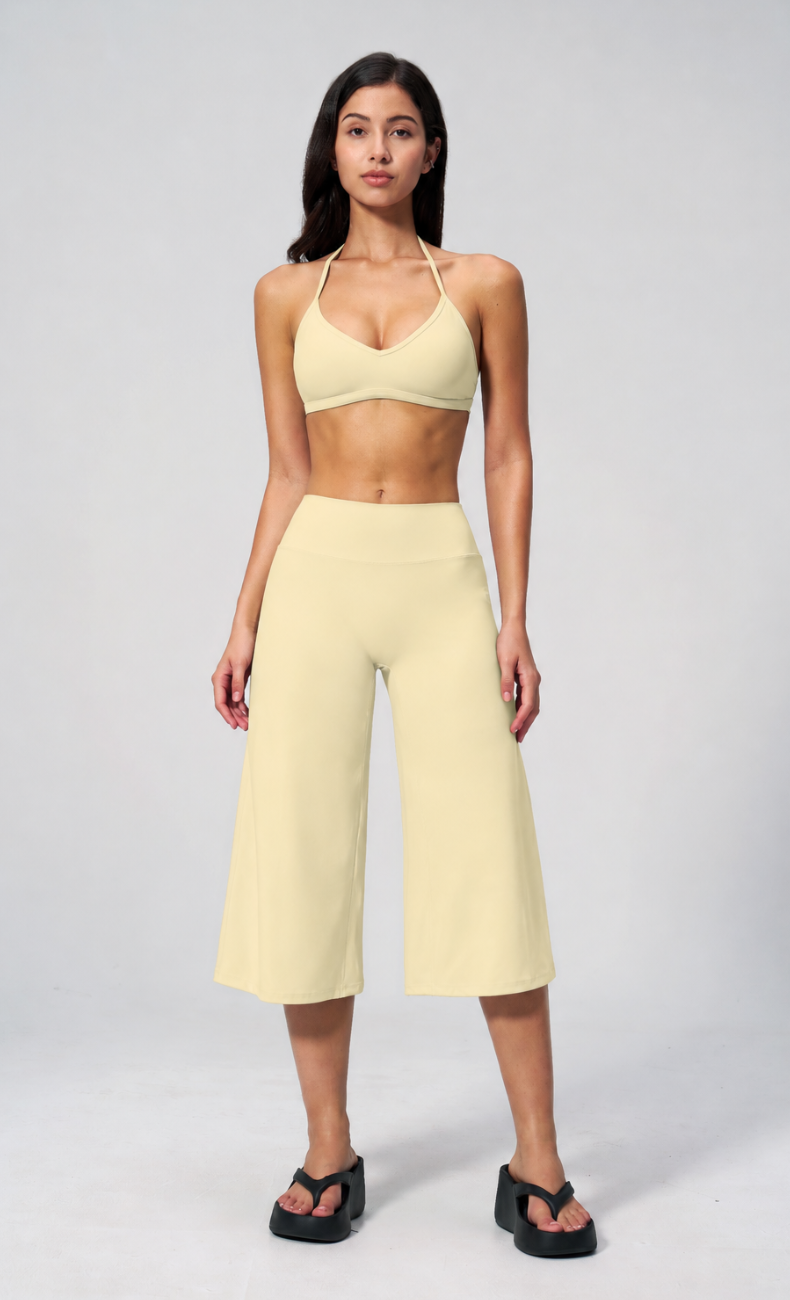 Quinn V-Neck Open Back Halter Wide Leg Capri Workout Set