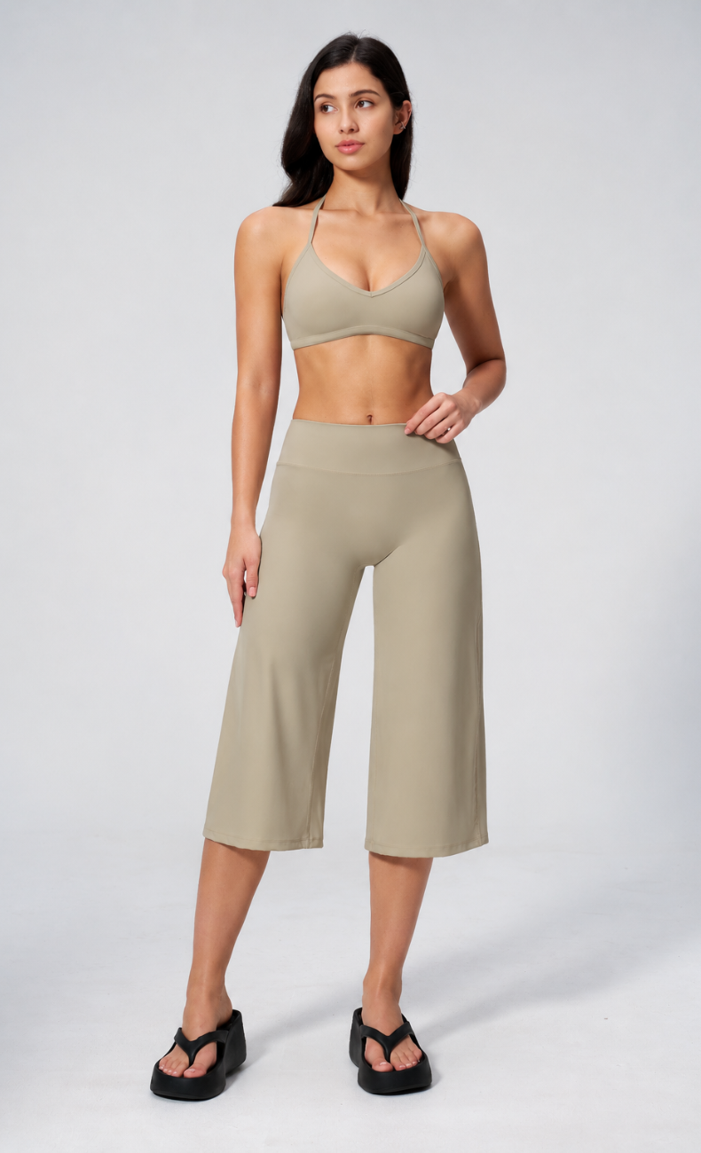 Quinn V-Neck Open Back Halter Wide Leg Capri Workout Set