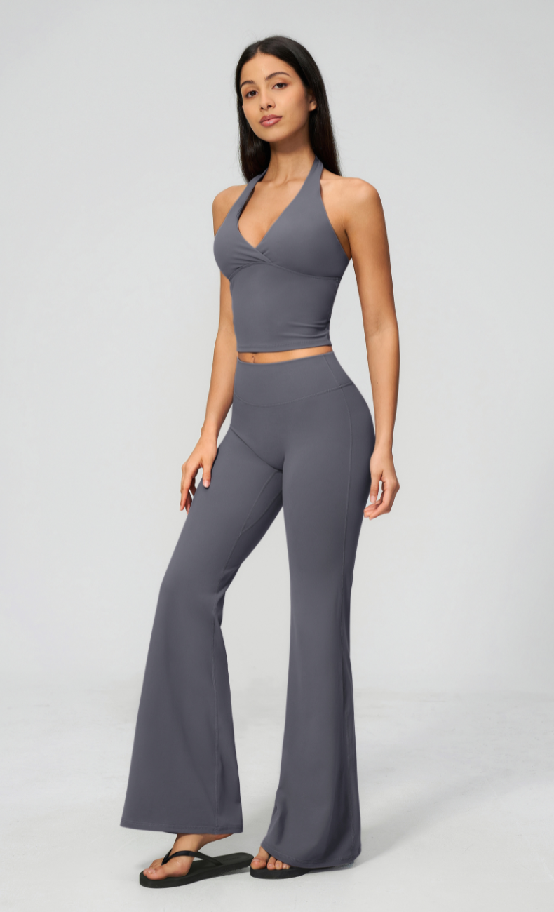 Leah V-Neck Halter Open Back Flare Leggings Workout Set