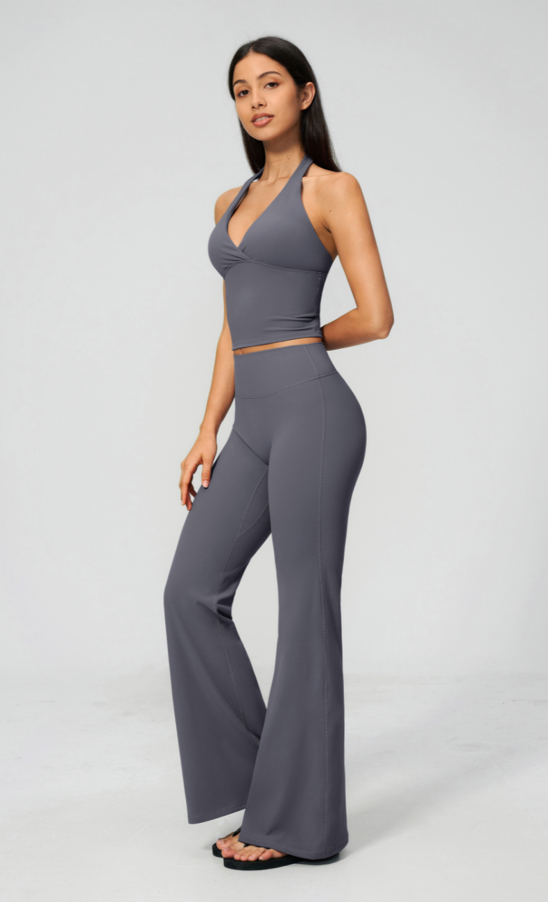 Leah V-Neck Halter Open Back Flare Leggings Workout Set