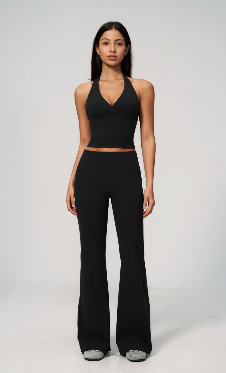 Leah V-Neck Halter Open Back Flare Leggings Workout Set