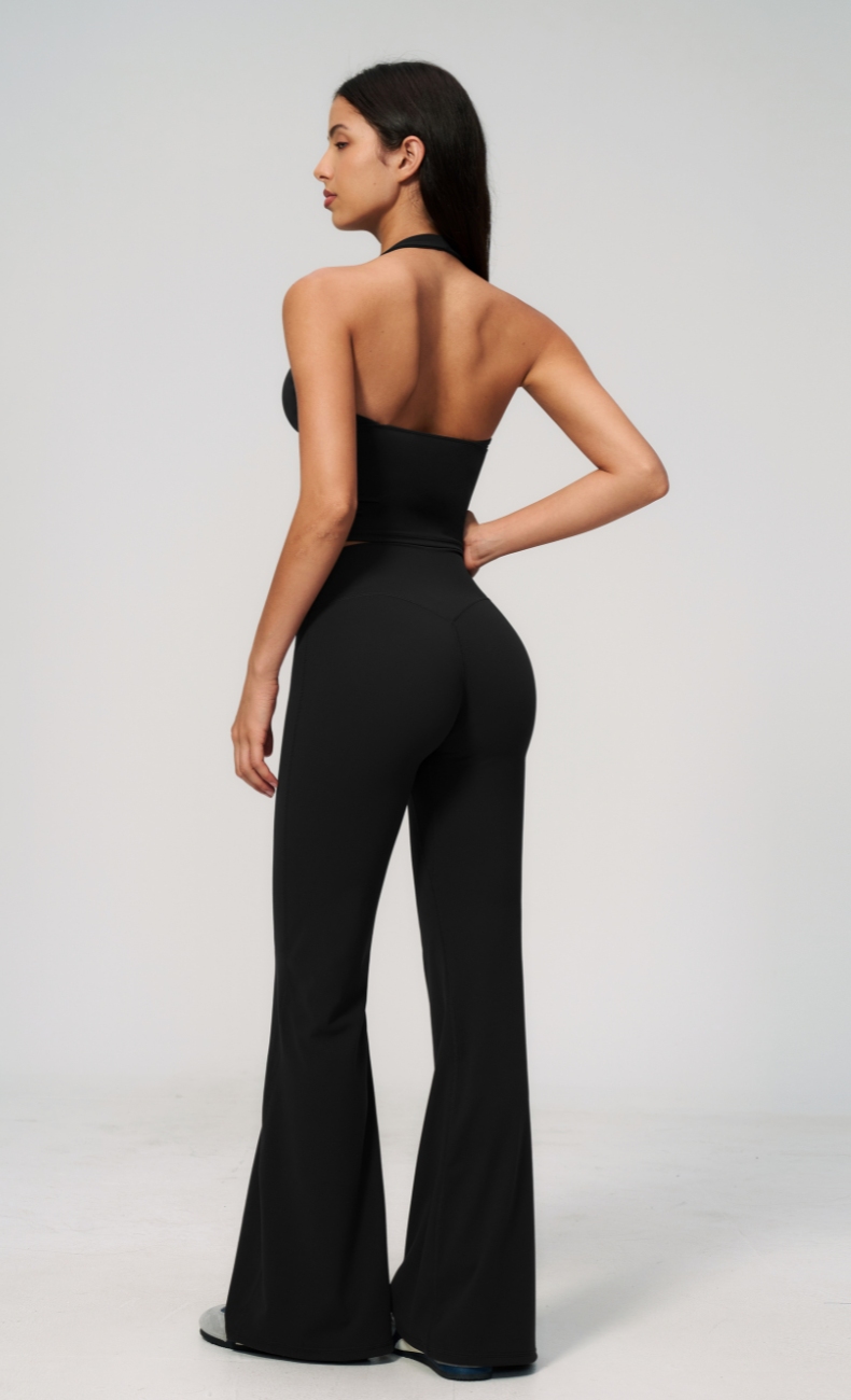 Leah V-Neck Halter Open Back Flare Leggings Workout Set