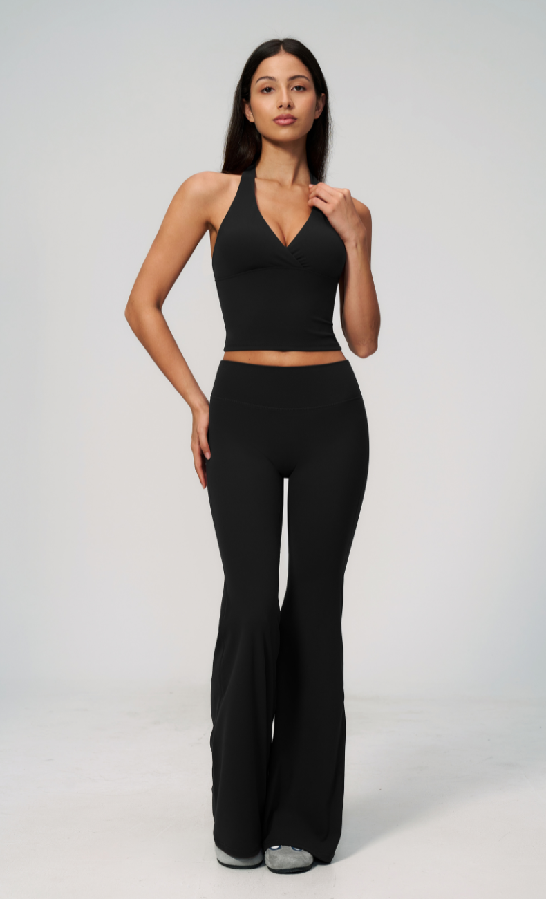 Leah V-Neck Halter Open Back Flare Leggings Workout Set