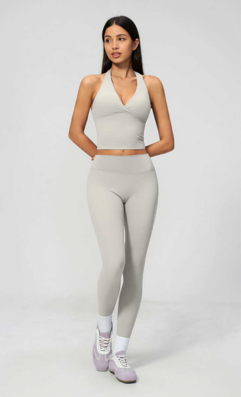 Leah V-Neck Halter Open Back Leggings Workout Set