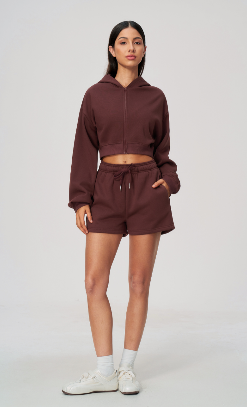 Hailey Cotton Blend Cropped Hoodie & Sweat Shorts Set
