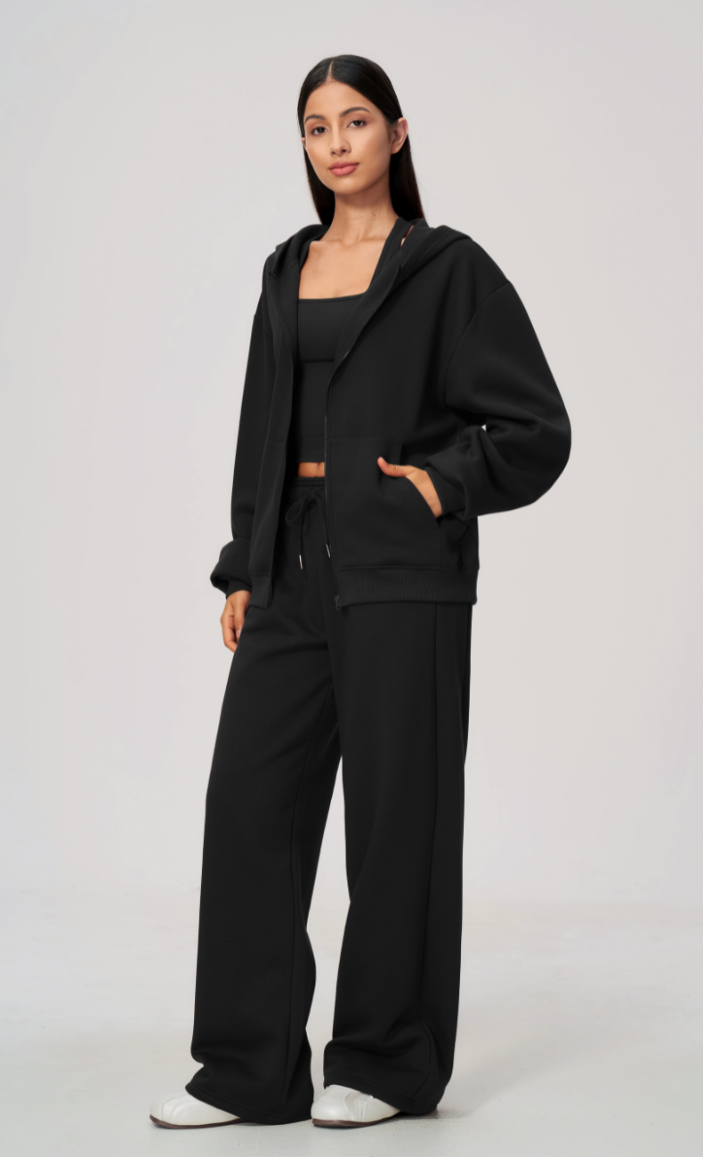 Hailey Cotton Blend Zip-Up Hoodie & Wide Leg Sweatpants Set