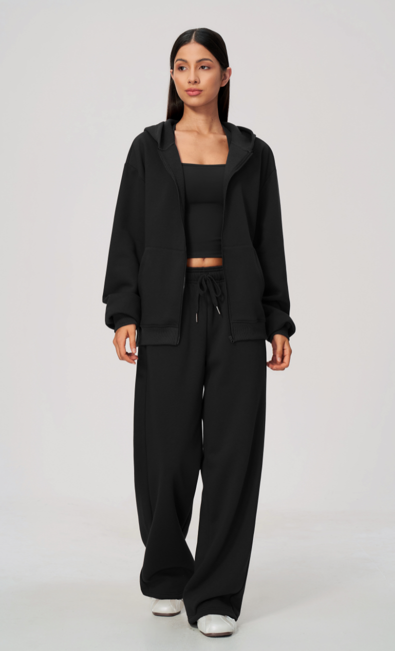 Hailey Cotton Blend Zip-Up Hoodie & Wide Leg Sweatpants Set