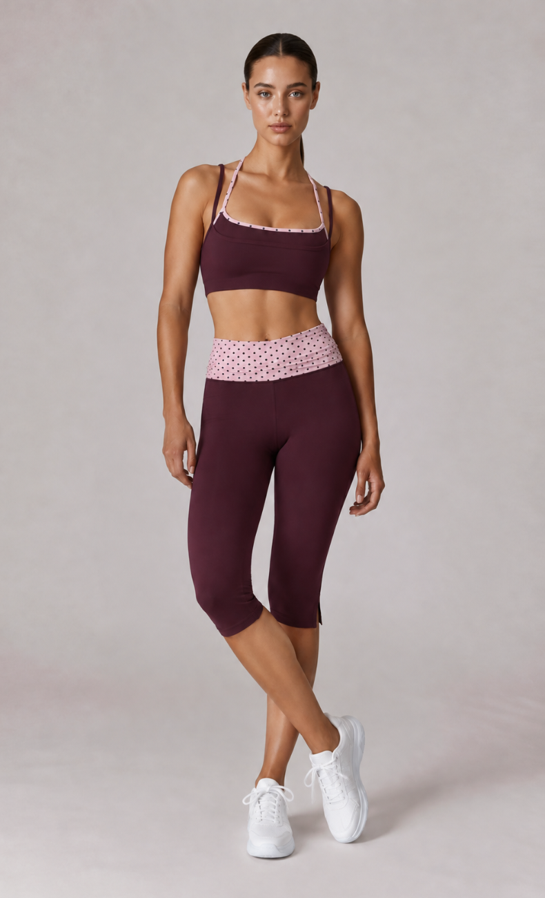 Lila Polka Dot Layered Sports Bra Capri Workout Set