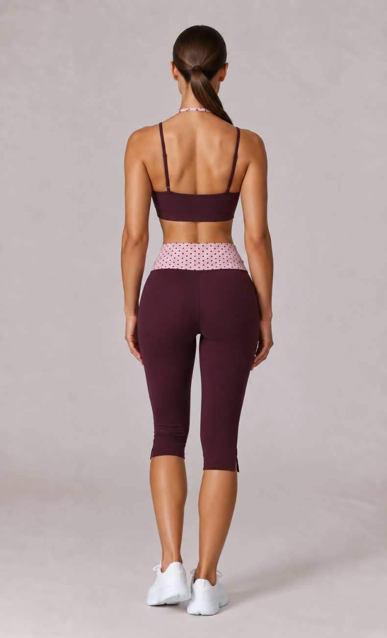 Lila Polka Dot Layered Sports Bra Capri Workout Set