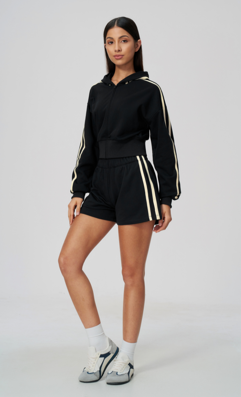 Veronica Cotton Side Stripe Hoodie & Sweat Shorts Set