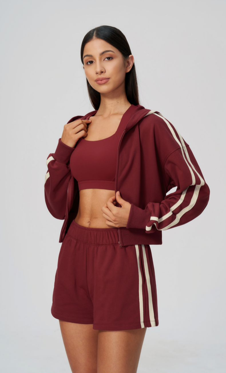 Veronica Cotton Side Stripe Cropped Zip-Up Hoodie