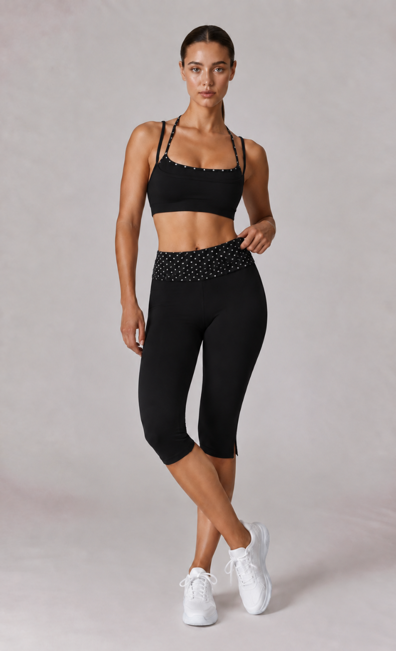 Lila Polka Dot Layered Sports Bra Capri Workout Set