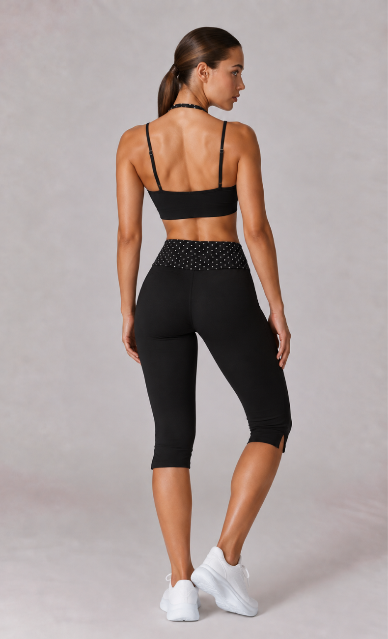 Lila Polka Dot Layered Sports Bra Capri Workout Set