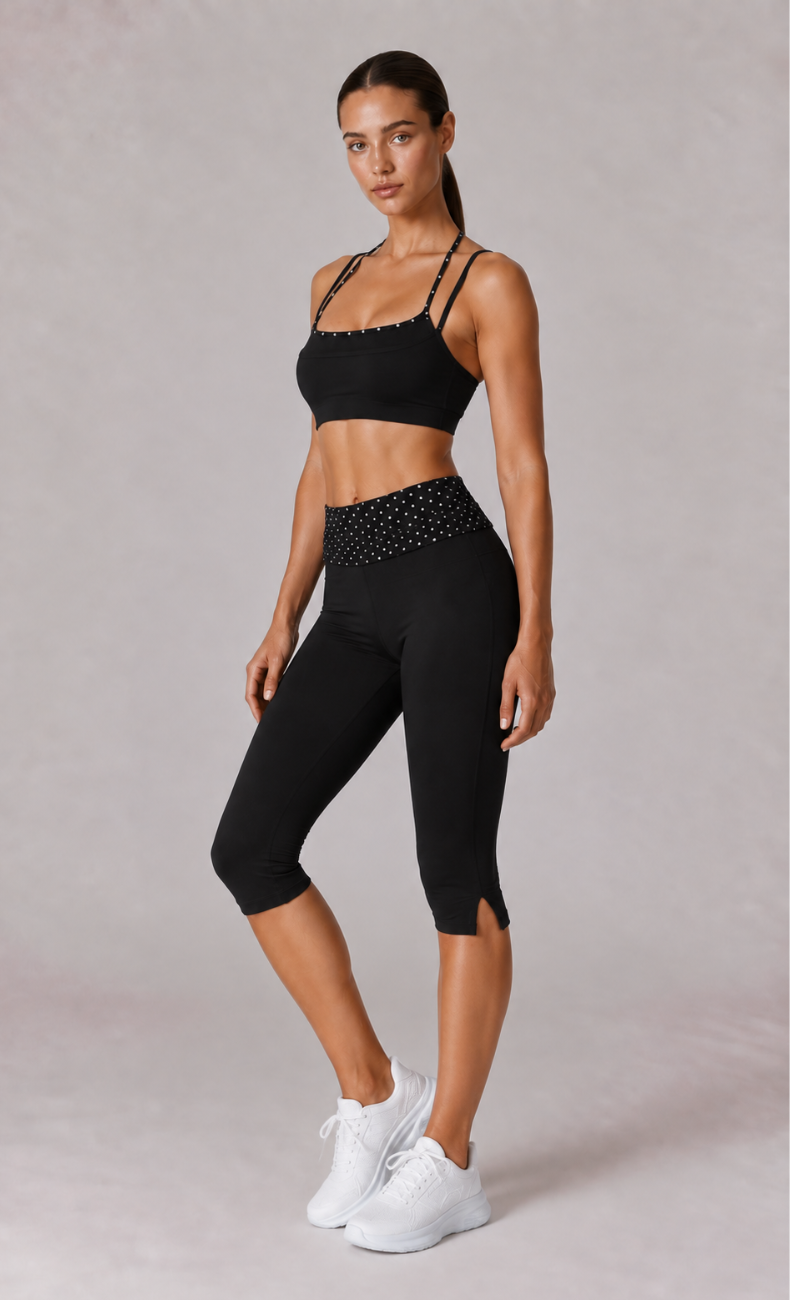 Lila Polka Dot Layered Sports Bra Capri Workout Set