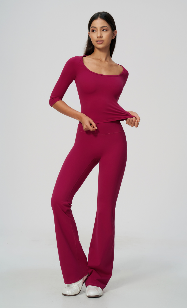 Dolce Scoop Neck 3/4 Sleeve Flare Leggings Workout Set