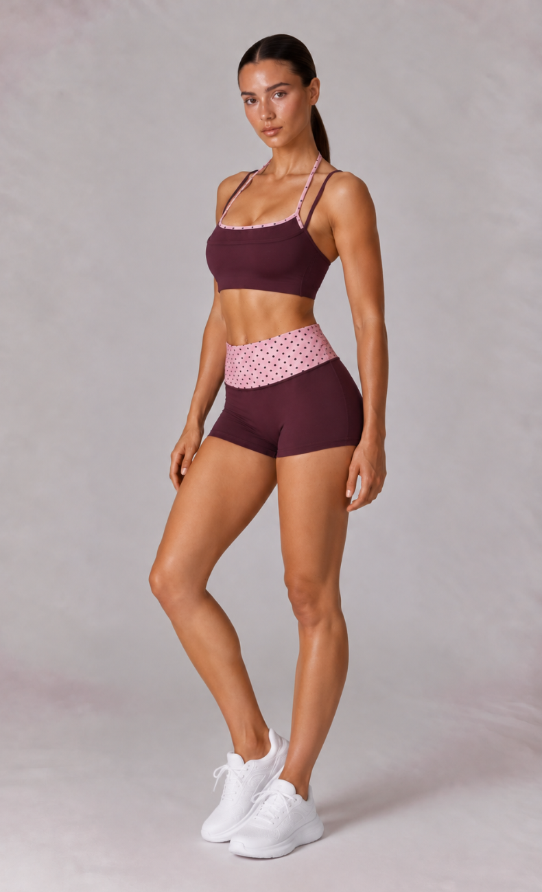 Lila Polka Dot Layered Sports Bra Shorts Workout Set
