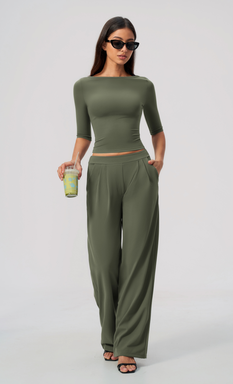 Taylor Boat Neck Pleated Wide Leg Pants Set
