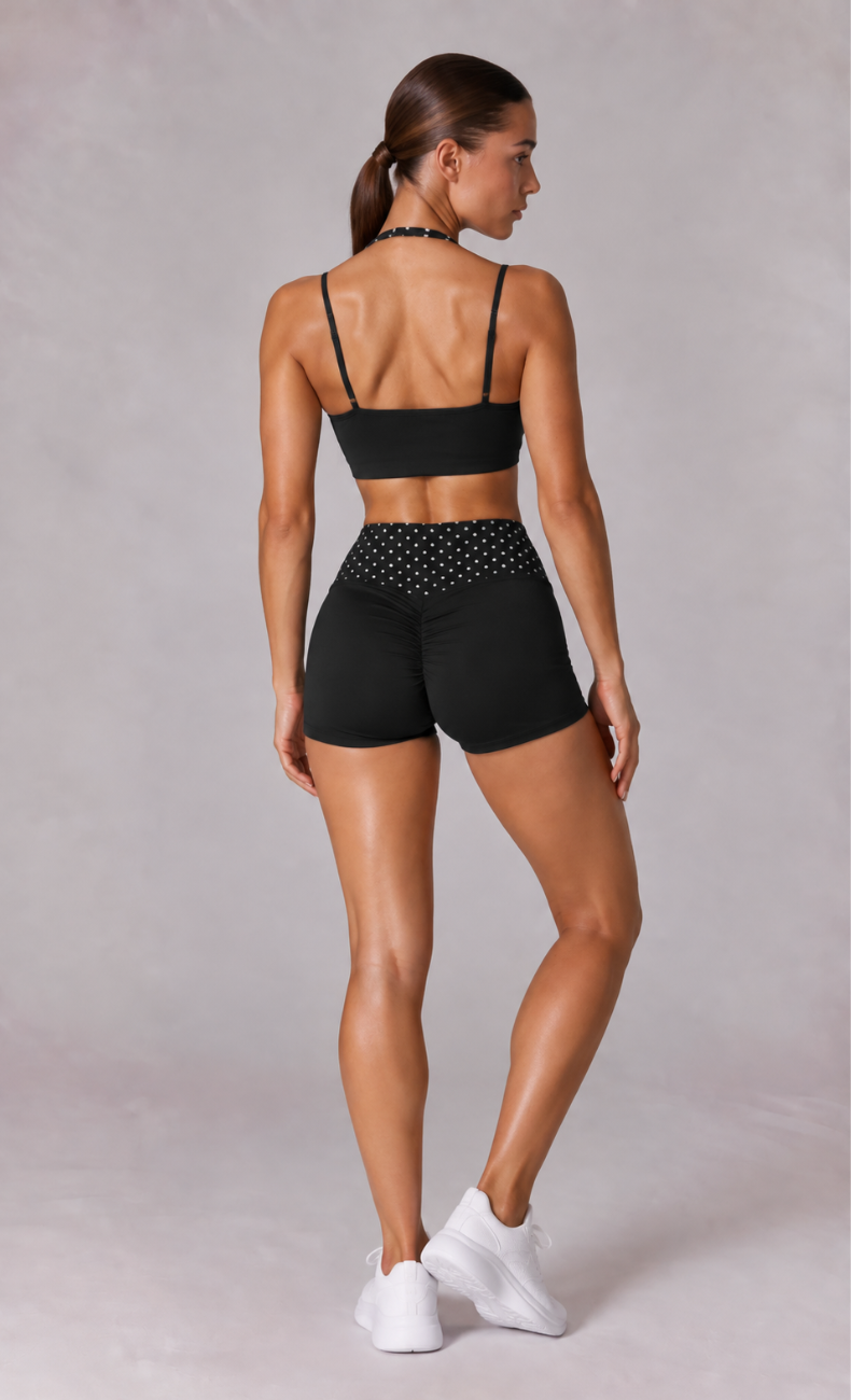 Lila Polka Dot Layered Sports Bra Shorts Workout Set