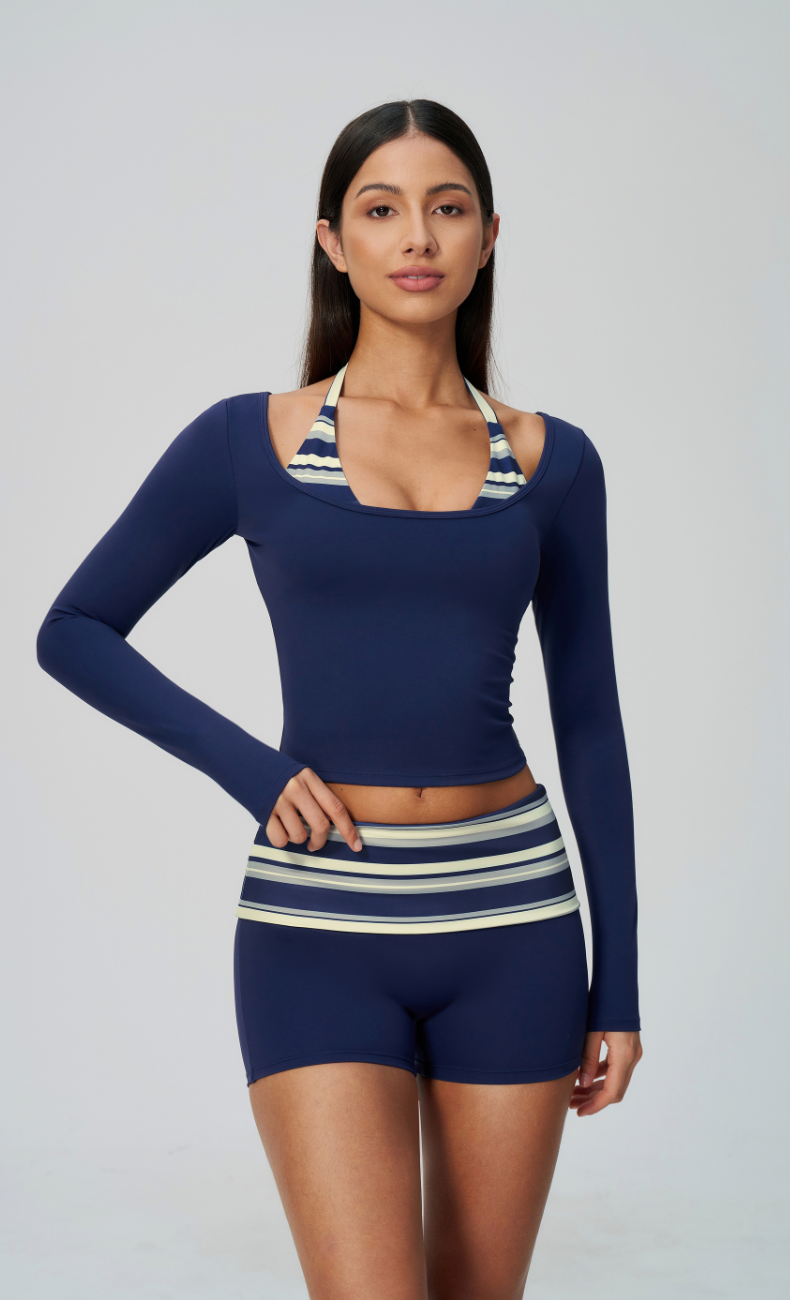 Harper Riviera Stripe Long Sleeve Workout Shorts Set