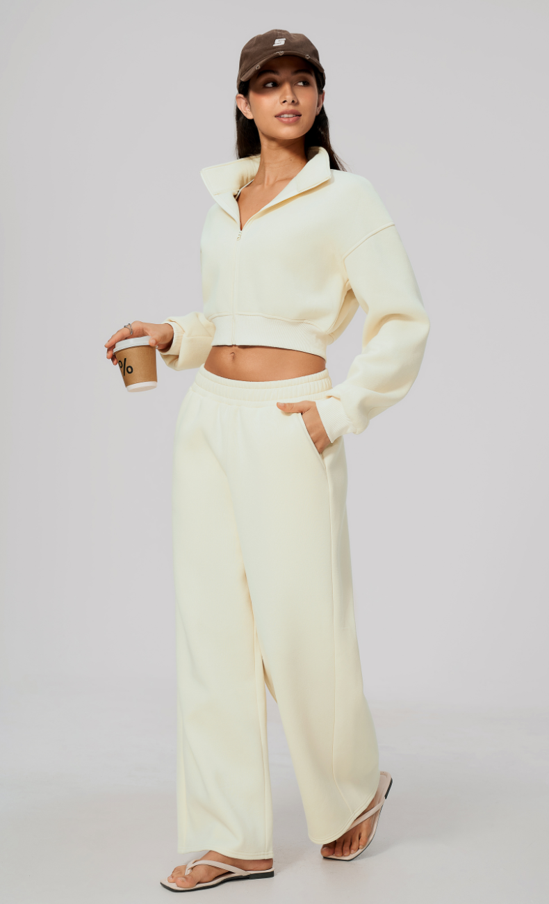 Hailey Cotton Blend Cropped Jacket & Wide Leg Sweatpants Set