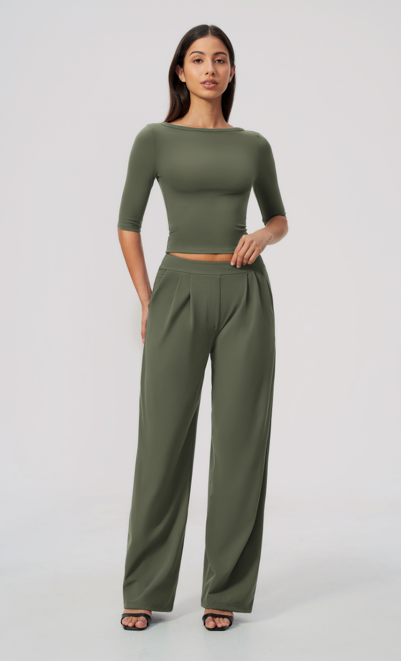 Taylor Boat Neck Pleated Wide Leg Pants Set
