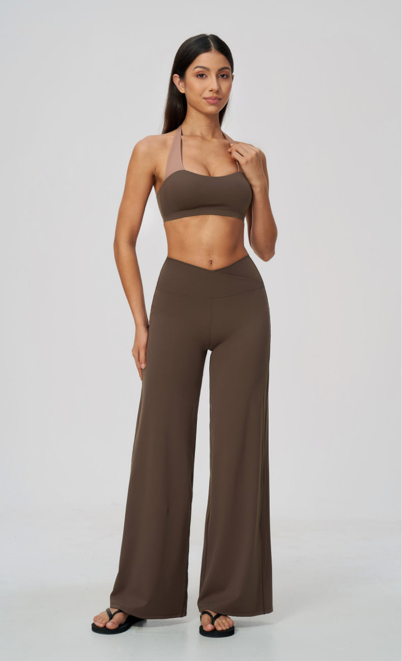 Priscilla Contrast Halter Sports Bra Wide Leg Workout Set