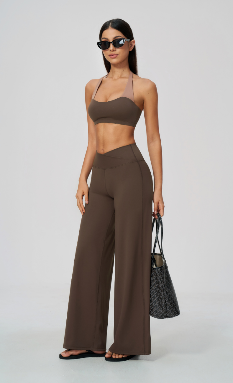Priscilla Contrast Halter Sports Bra Wide Leg Workout Set