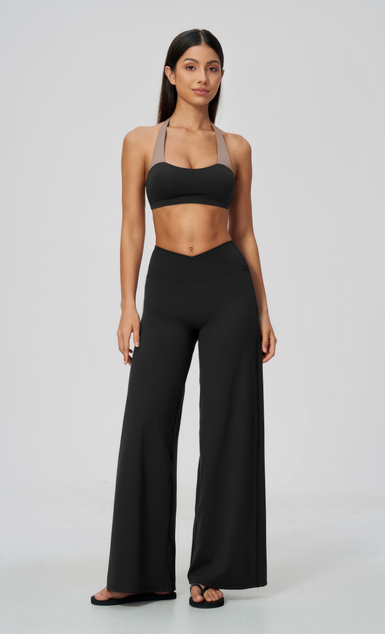 Priscilla Contrast Halter Sports Bra Wide Leg Workout Set