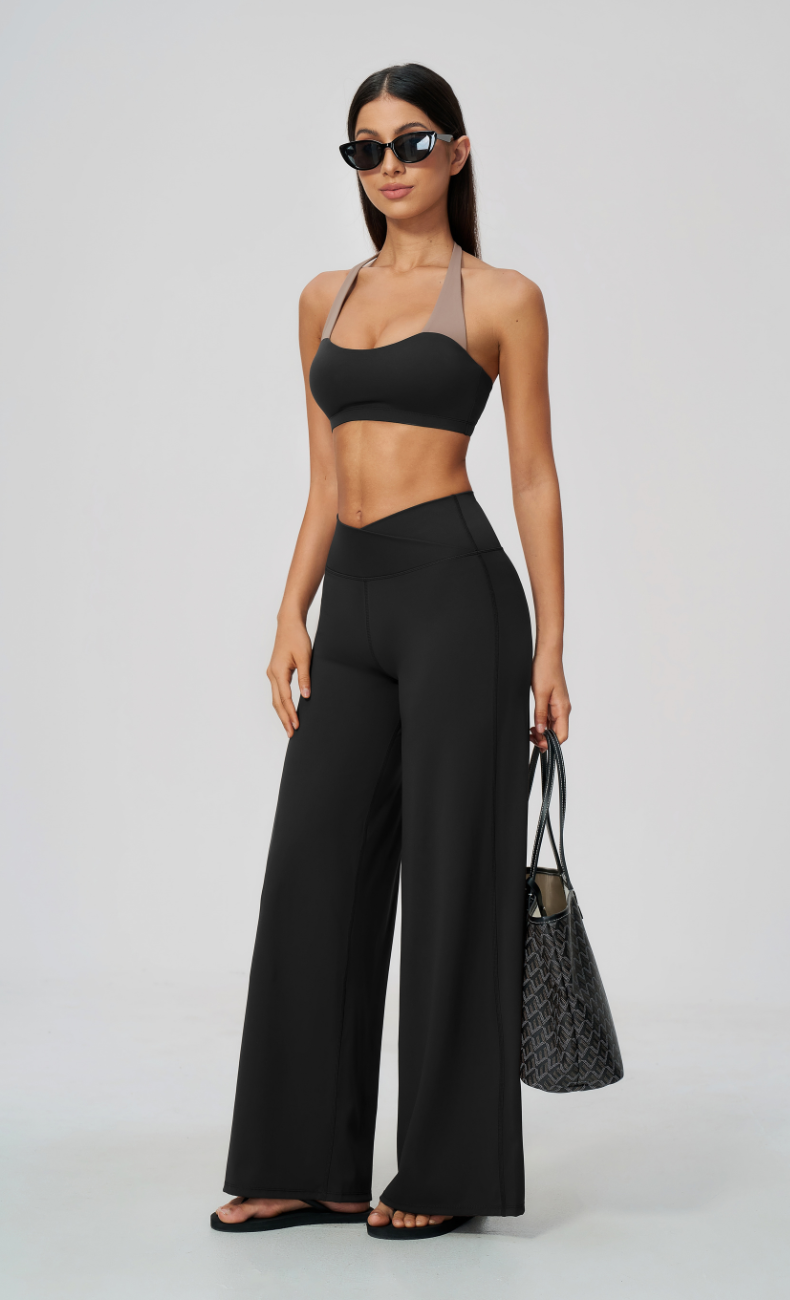 Priscilla Contrast Halter Sports Bra Wide Leg Workout Set