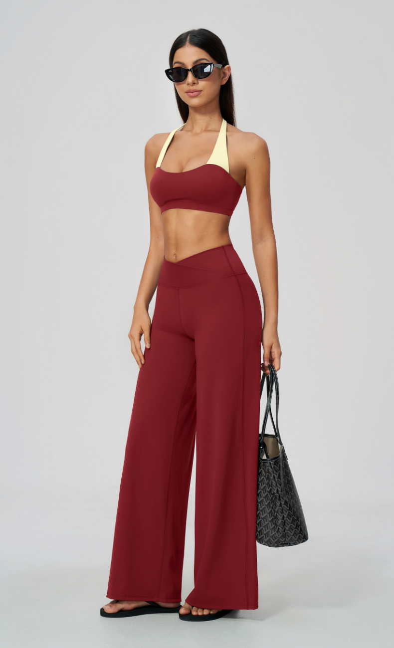 Priscilla Contrast Halter Sports Bra Wide Leg Workout Set