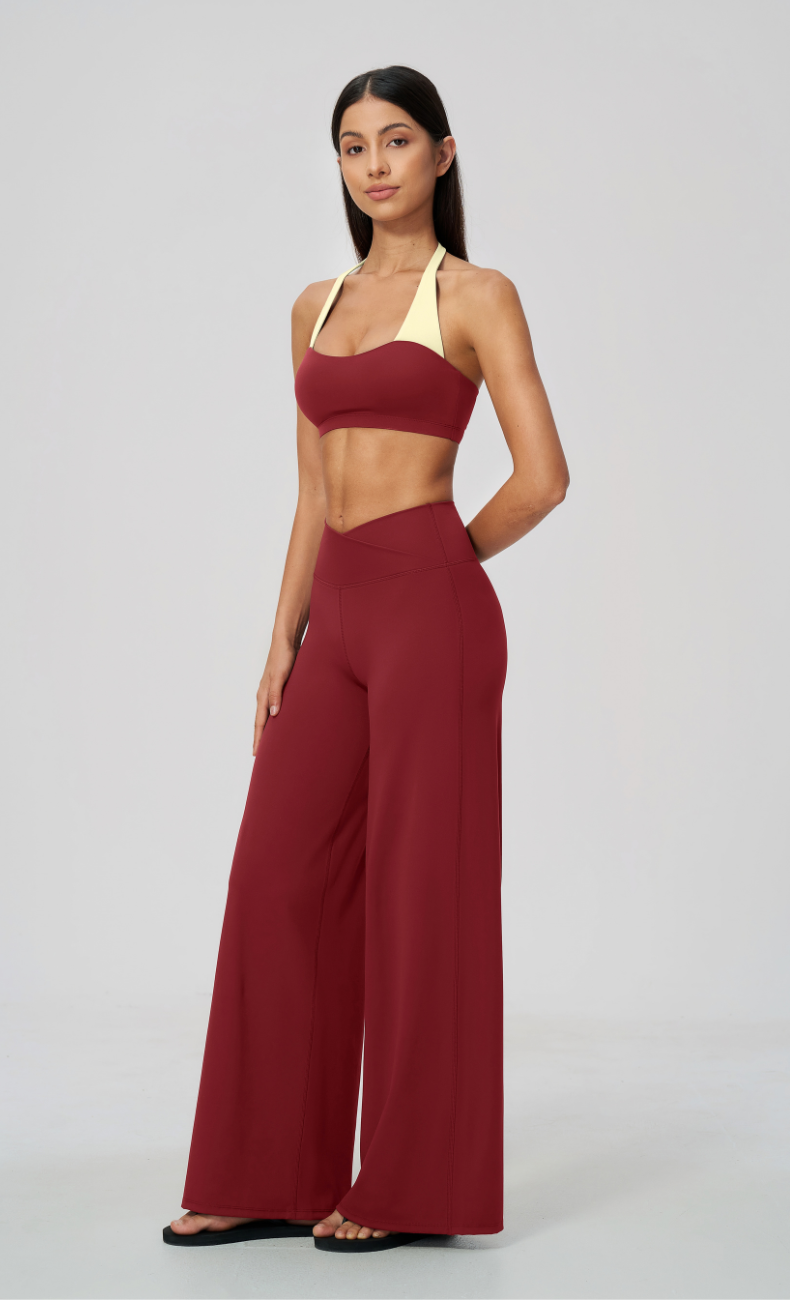 Priscilla Contrast Halter Sports Bra Wide Leg Workout Set