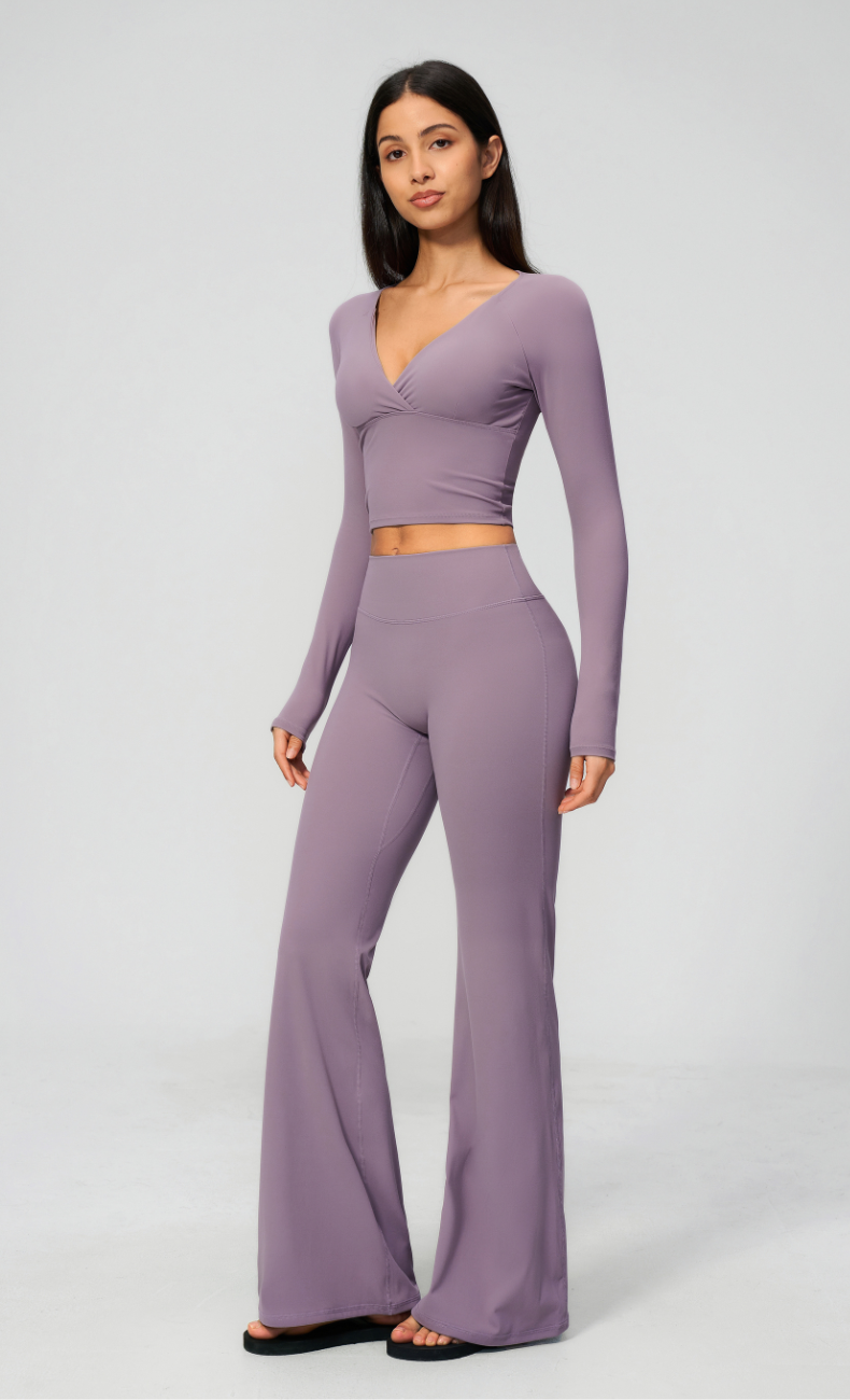 Leah V-Neck Long Sleeve Flare Leggings Workout Set