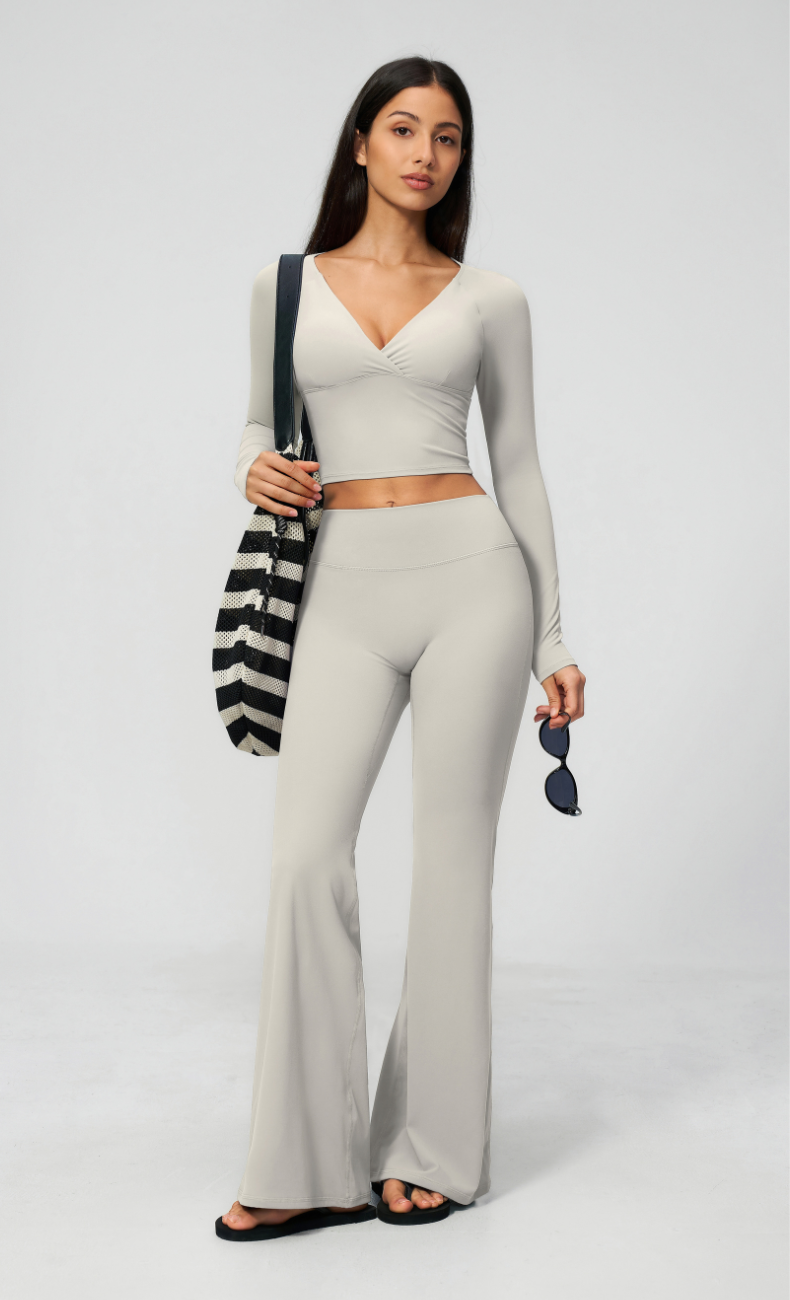 Leah V-Neck Long Sleeve Flare Leggings Workout Set