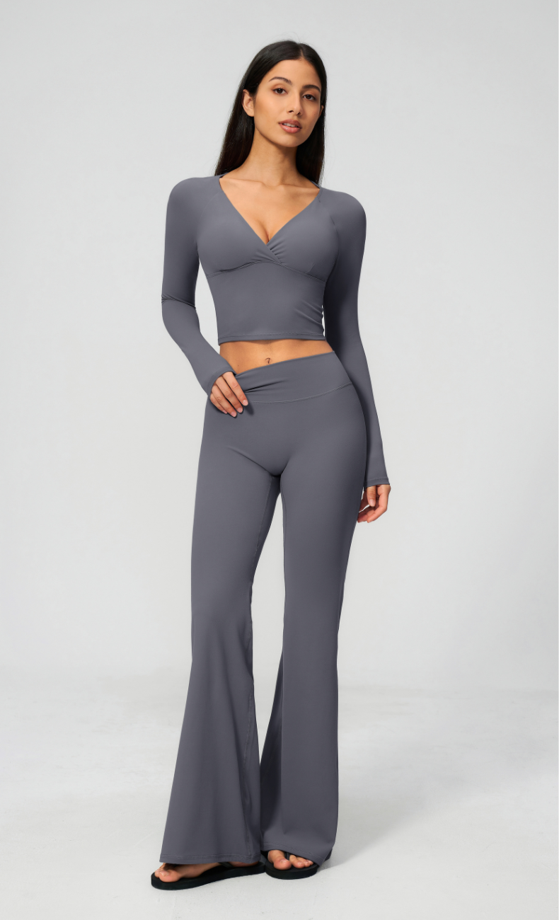 Leah V-Neck Long Sleeve Flare Leggings Workout Set