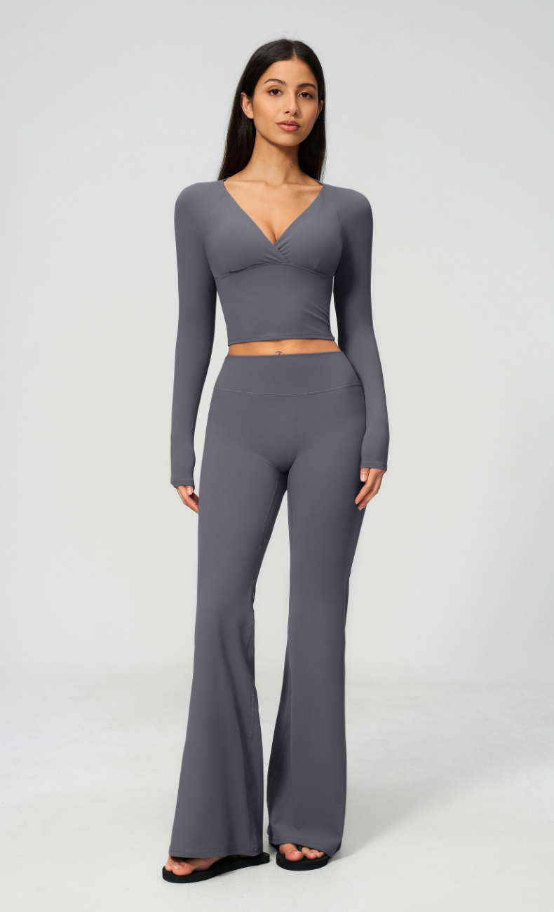 Leah V-Neck Long Sleeve Flare Leggings Workout Set