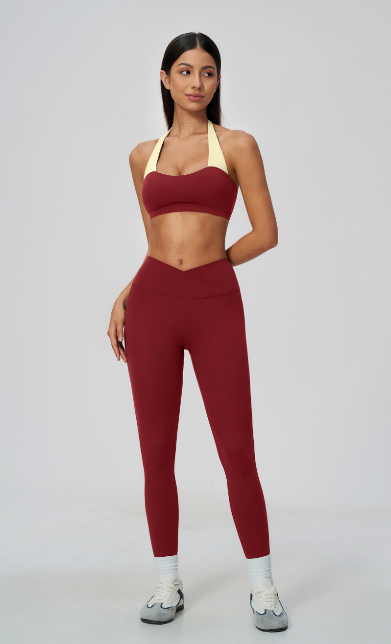 Priscilla Contrast Halter Sports Bra V-Waist Leggings Workout Set