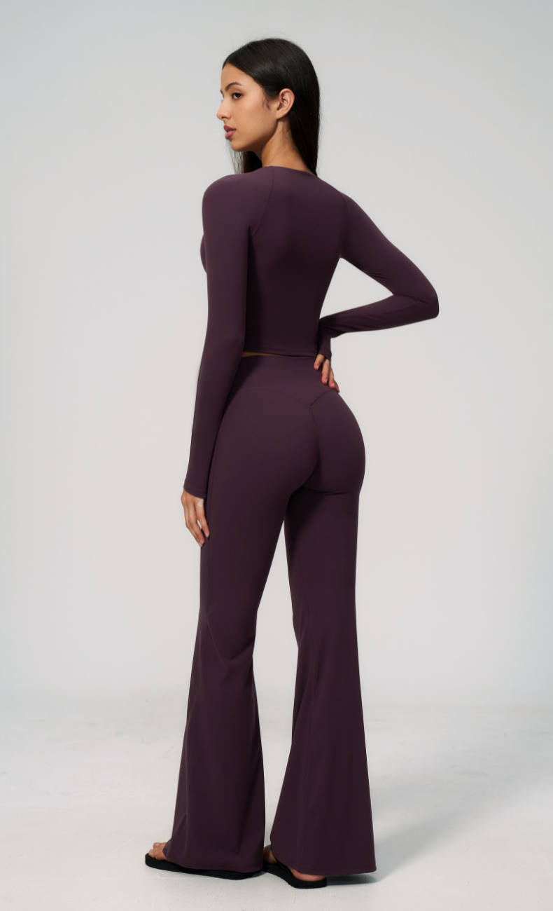 Leah V-Neck Long Sleeve Flare Leggings Workout Set